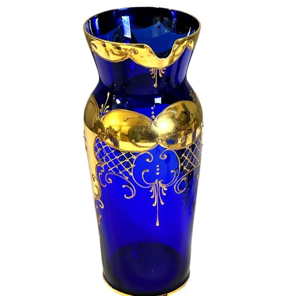 Tre Fuochi Venetian Murano Cobalt Blue Enameled and 24K Gold Decanter+6 Goblets - Picture 3 of 12